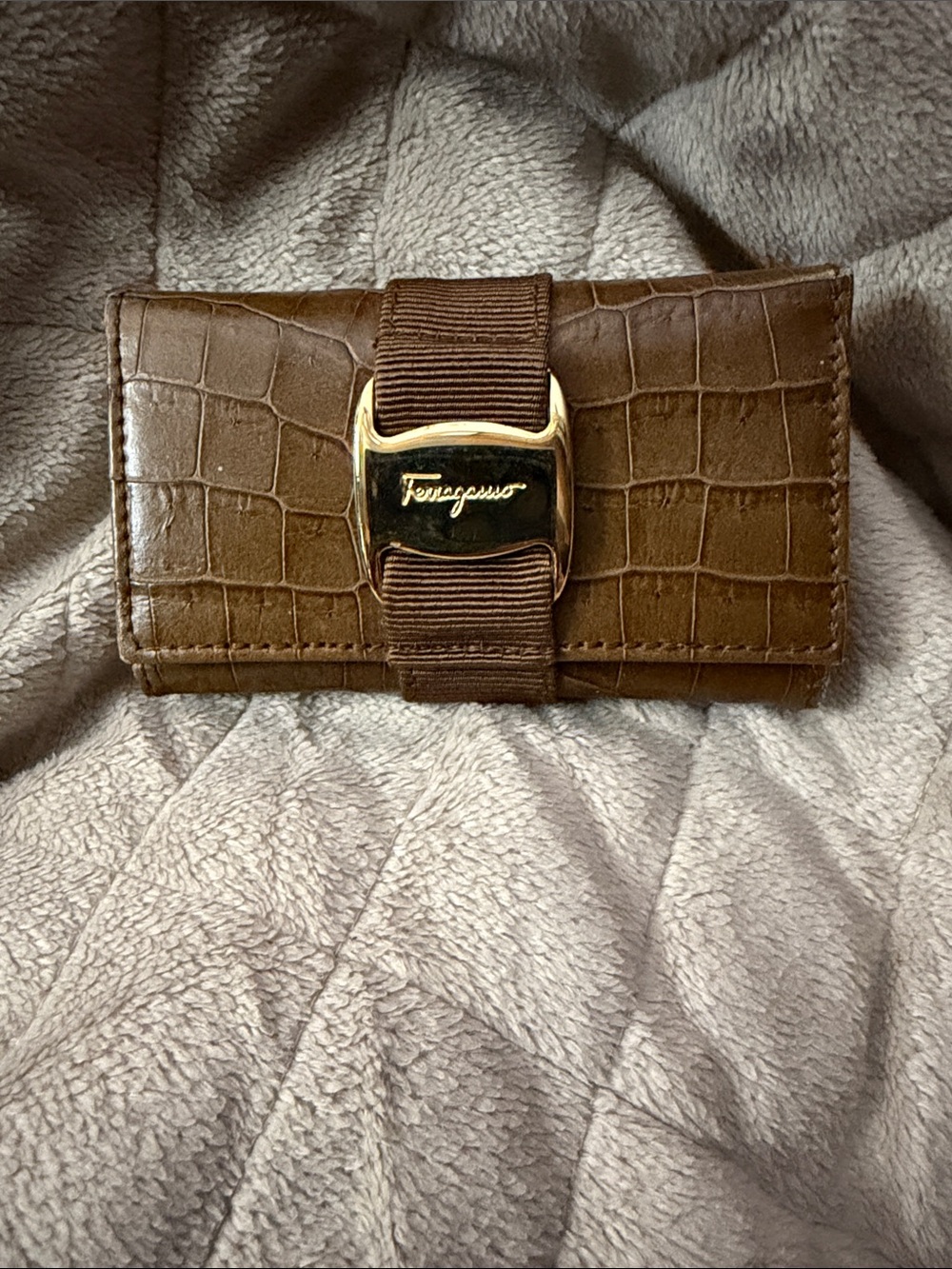 Salvatore Ferragamo Brown Croc-Embossed Key & Card Holder with Gold Buckle